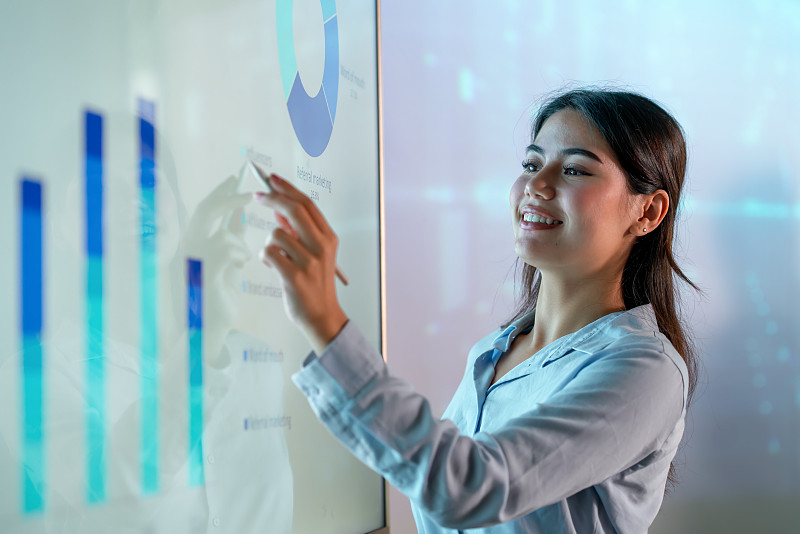 演示是很有价值的沟通方式,可以用顺序短语和结论来强化你的信息。女商人在图形屏幕上展示战略演示。图片下载