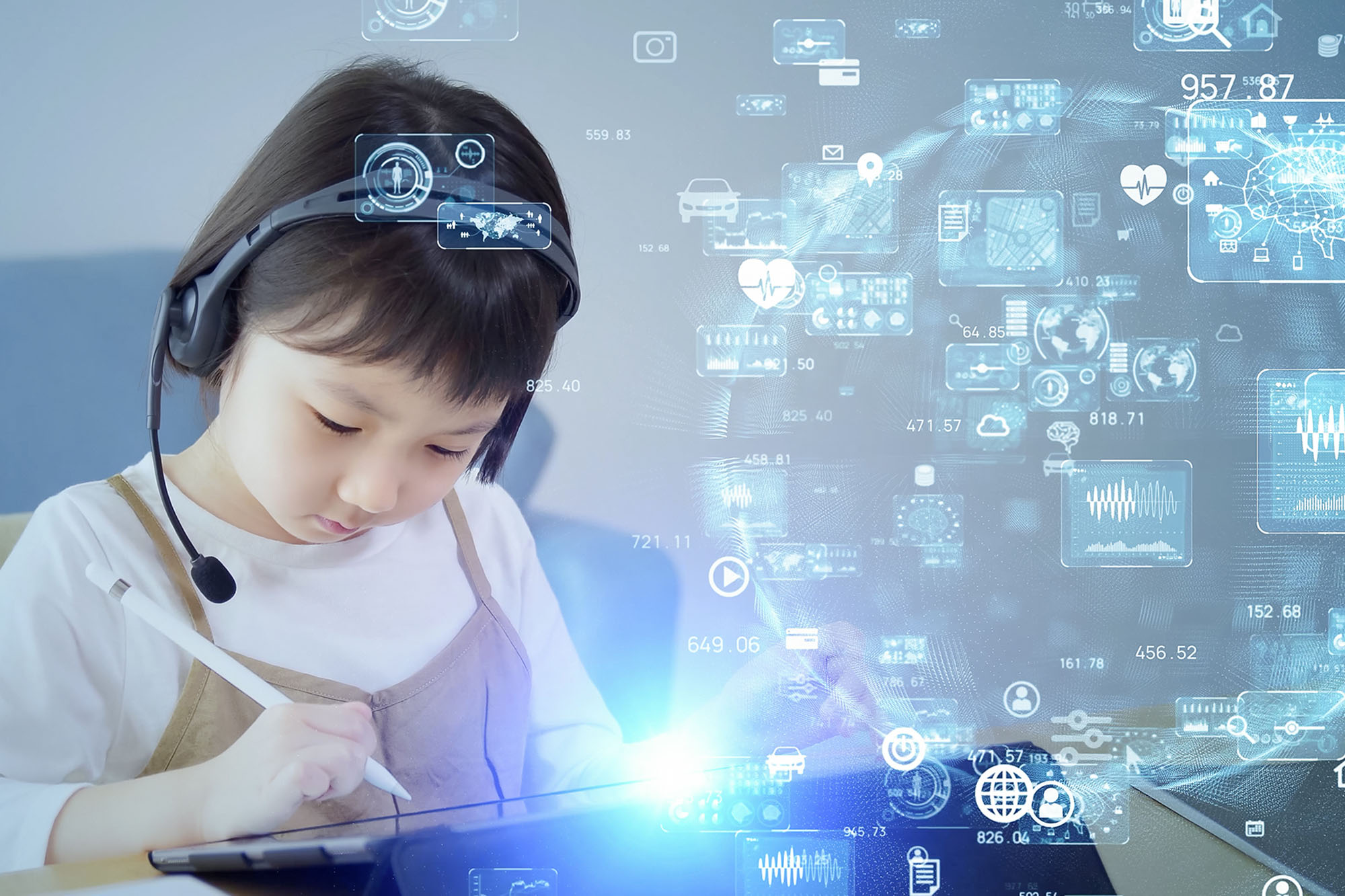 A girl wearing a headphone set and taking an online course.