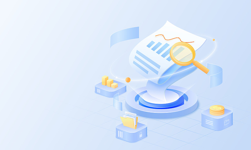 放大镜查看业绩账单数据,业务数据分析投资管理2.5D矢量插画图片下载